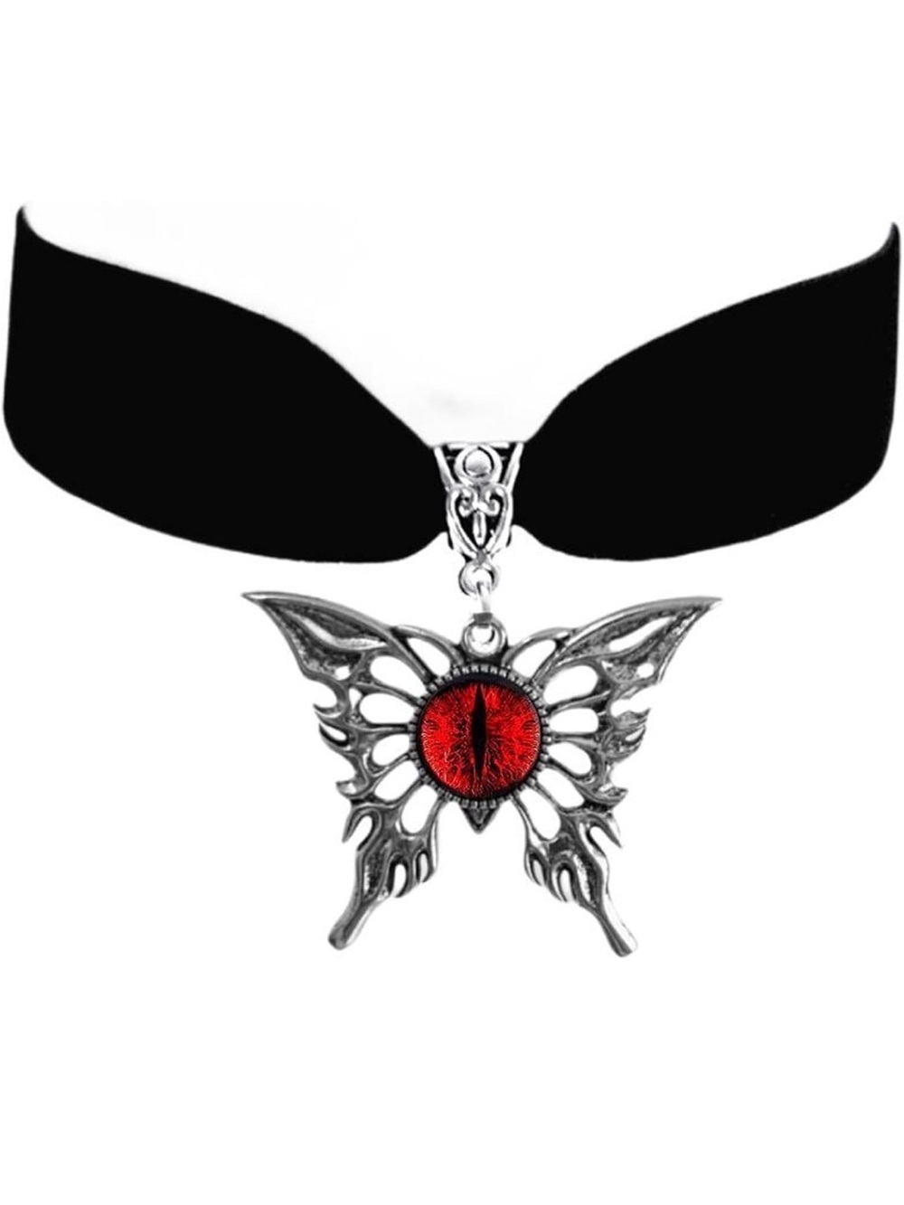 Black Ribbon Choker Necklace Silver Tone Butterfly Charm Pendant Red Center